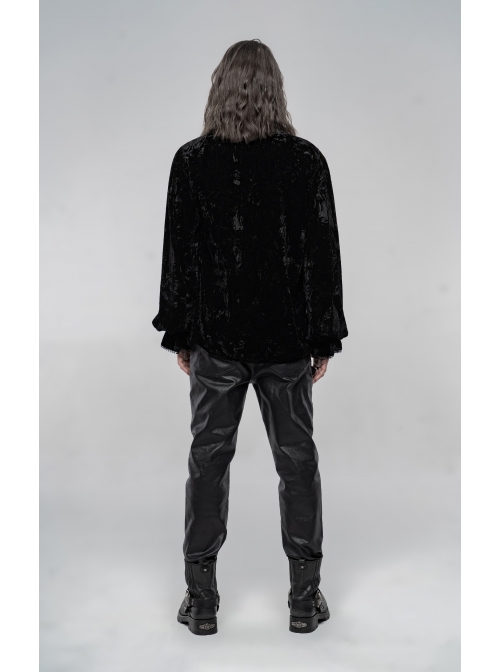 V-Neck Lace-Up Front Chest Frill Lantern Sleeve Lace Cuff Black Gothic Velvet Shirt