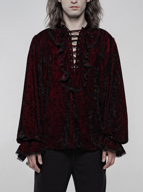 V-Neck Lace-Up Front Chest Frill Lantern Sleeve Lace Cuff Wine Red Gothic Velvet Shirt