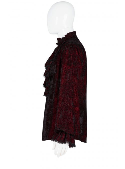 V-Neck Lace-Up Front Chest Frill Lantern Sleeve Lace Cuff Wine Red Gothic Velvet Shirt
