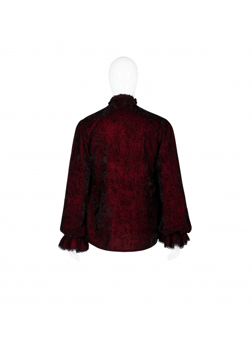 V-Neck Lace-Up Front Chest Frill Lantern Sleeve Lace Cuff Wine Red Gothic Velvet Shirt