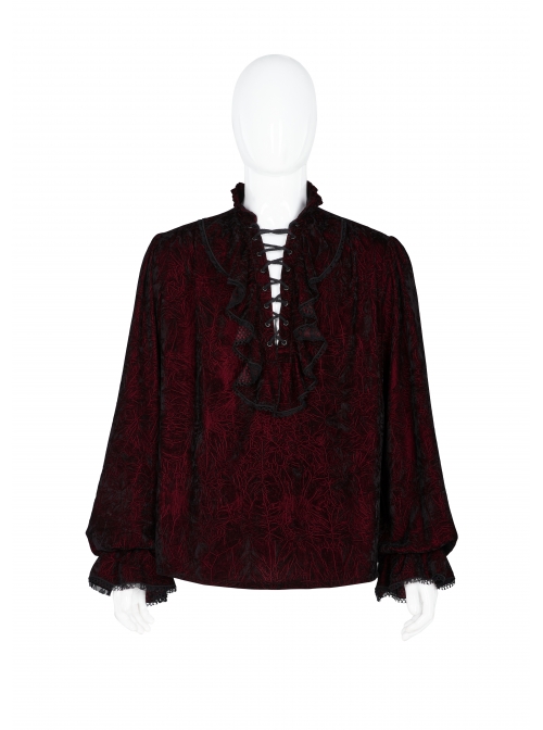 V-Neck Lace-Up Front Chest Frill Lantern Sleeve Lace Cuff Wine Red Gothic Velvet Shirt