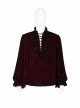 V-Neck Lace-Up Front Chest Frill Lantern Sleeve Lace Cuff Wine Red Gothic Velvet Shirt
