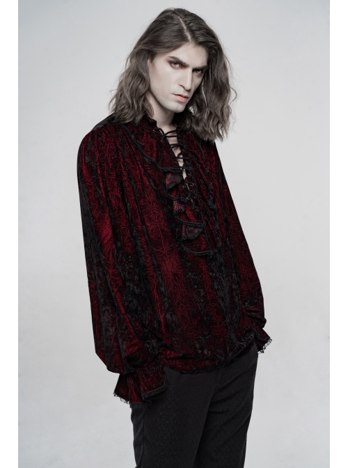 V-Neck Lace-Up Front Chest Frill Lantern Sleeve Lace Cuff Wine Red Gothic Velvet Shirt