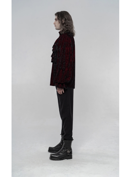 V-Neck Lace-Up Front Chest Frill Lantern Sleeve Lace Cuff Wine Red Gothic Velvet Shirt