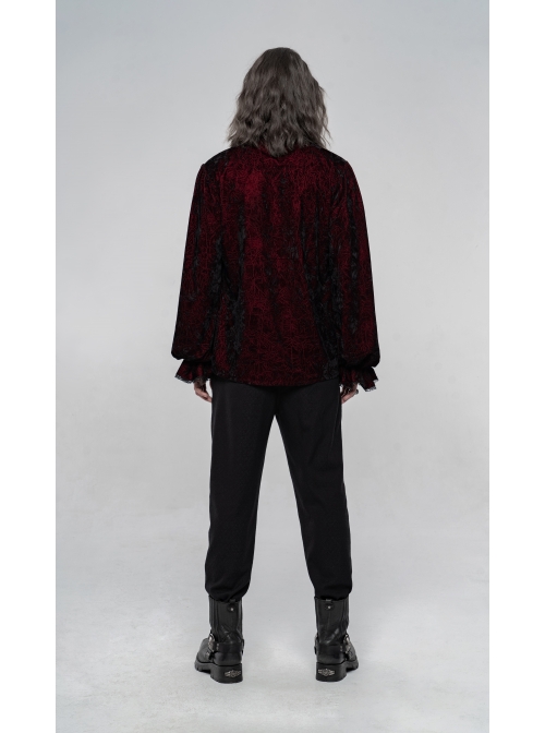 V-Neck Lace-Up Front Chest Frill Lantern Sleeve Lace Cuff Wine Red Gothic Velvet Shirt