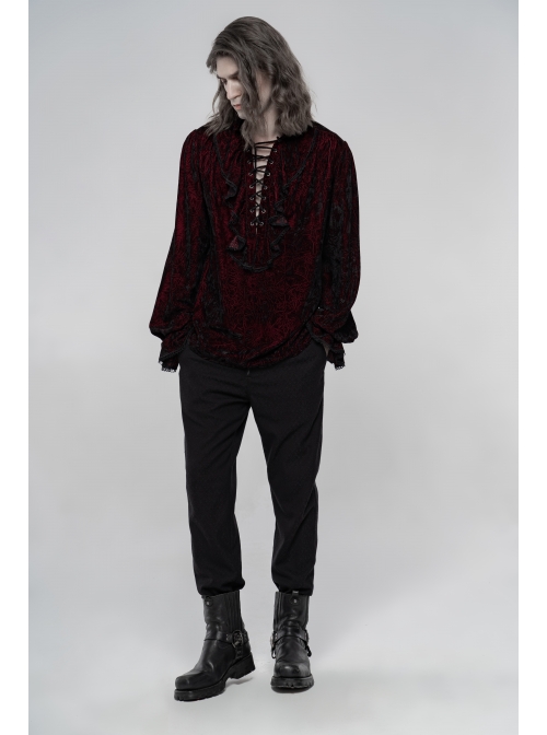 V-Neck Lace-Up Front Chest Frill Lantern Sleeve Lace Cuff Wine Red Gothic Velvet Shirt