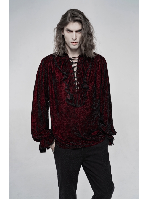 V-Neck Lace-Up Front Chest Frill Lantern Sleeve Lace Cuff Wine Red Gothic Velvet Shirt
