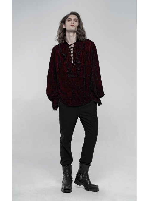 V-Neck Lace-Up Front Chest Frill Lantern Sleeve Lace Cuff Wine Red Gothic Velvet Shirt