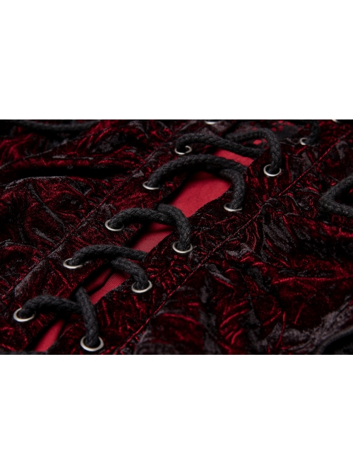 V-Neck Lace-Up Front Chest Frill Lantern Sleeve Lace Cuff Wine Red Gothic Velvet Shirt
