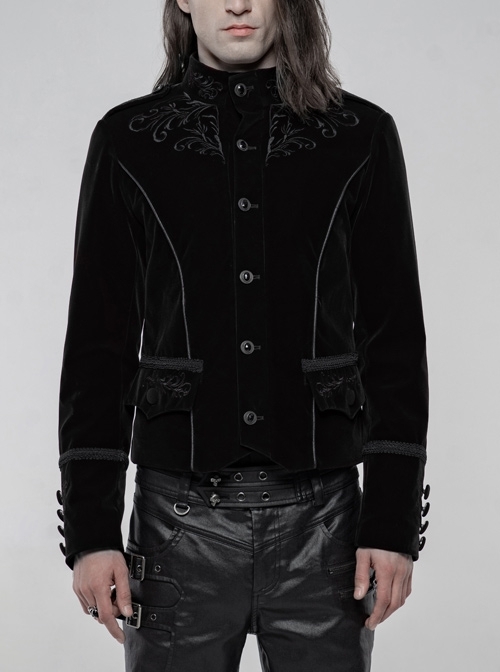 High Collar Front Chest Embroidery Metal Retro Button Long Sleeve Black Gothic Velveteen Jacket
