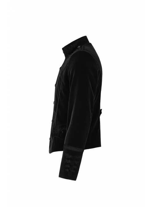 High Collar Front Chest Embroidery Metal Retro Button Long Sleeve Black Gothic Velveteen Jacket