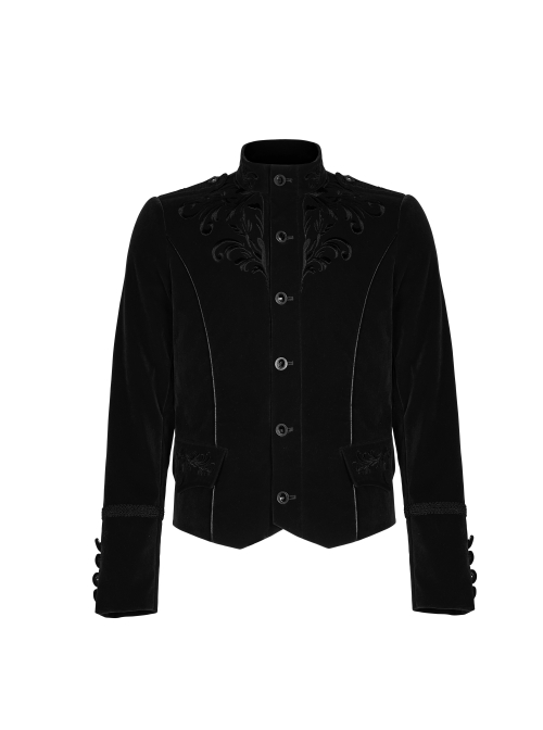 High Collar Front Chest Embroidery Metal Retro Button Long Sleeve Black Gothic Velveteen Jacket