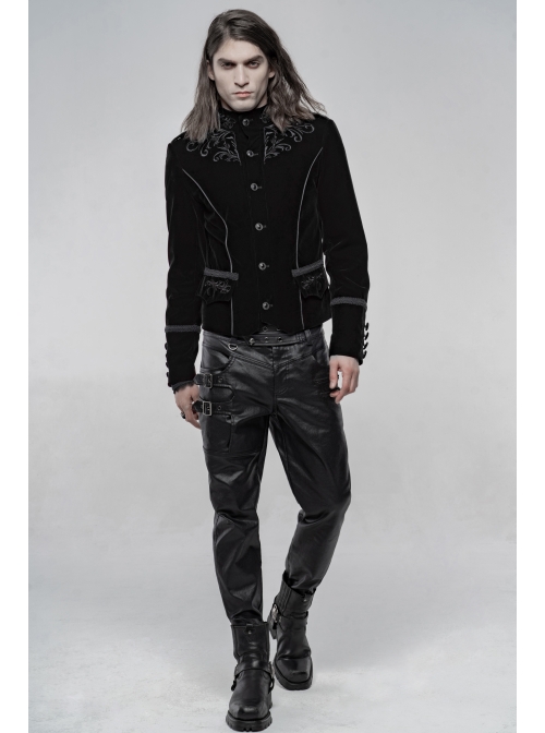 High Collar Front Chest Embroidery Metal Retro Button Long Sleeve Black Gothic Velveteen Jacket