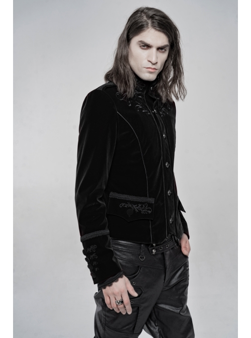 High Collar Front Chest Embroidery Metal Retro Button Long Sleeve Black Gothic Velveteen Jacket