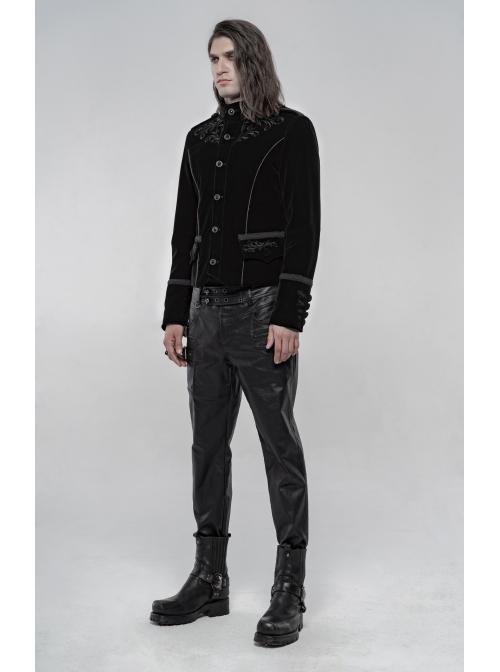 High Collar Front Chest Embroidery Metal Retro Button Long Sleeve Black Gothic Velveteen Jacket