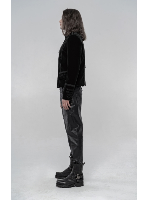High Collar Front Chest Embroidery Metal Retro Button Long Sleeve Black Gothic Velveteen Jacket
