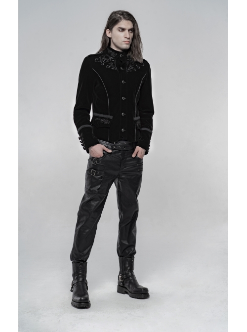 High Collar Front Chest Embroidery Metal Retro Button Long Sleeve Black Gothic Velveteen Jacket