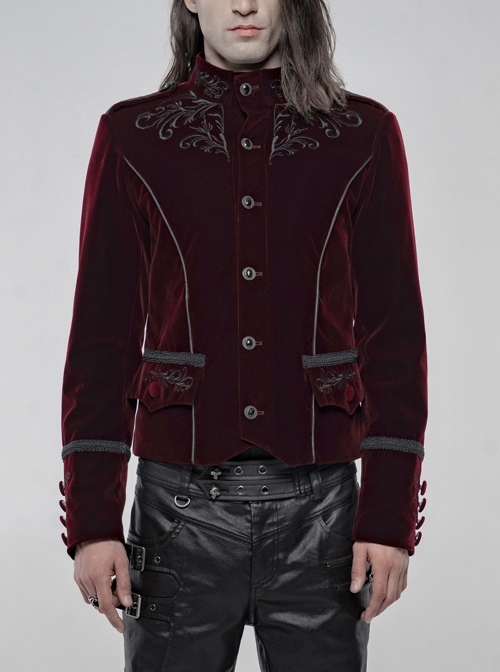 High Collar Front Chest Embroidery Metal Retro Button Long Sleeve Wine Red Gothic Velveteen Jacket