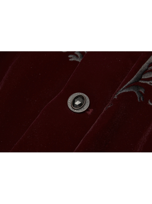 High Collar Front Chest Embroidery Metal Retro Button Long Sleeve Wine Red Gothic Velveteen Jacket