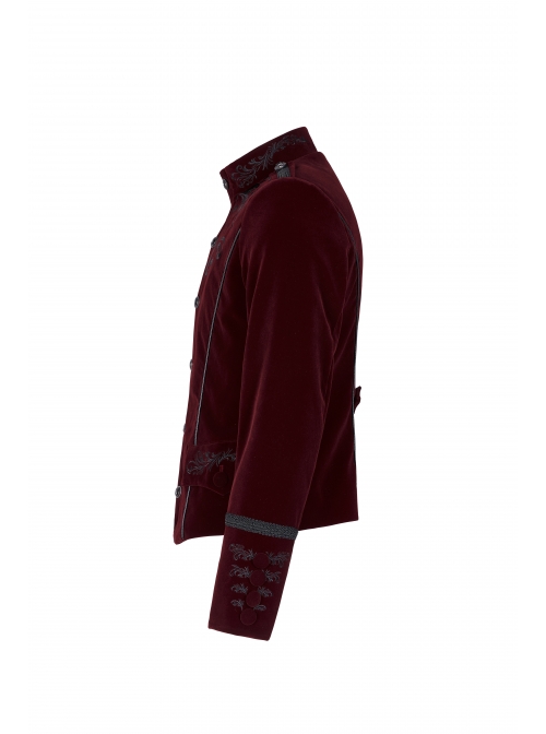 High Collar Front Chest Embroidery Metal Retro Button Long Sleeve Wine Red Gothic Velveteen Jacket