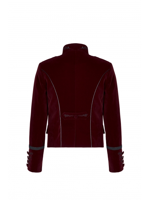 High Collar Front Chest Embroidery Metal Retro Button Long Sleeve Wine Red Gothic Velveteen Jacket