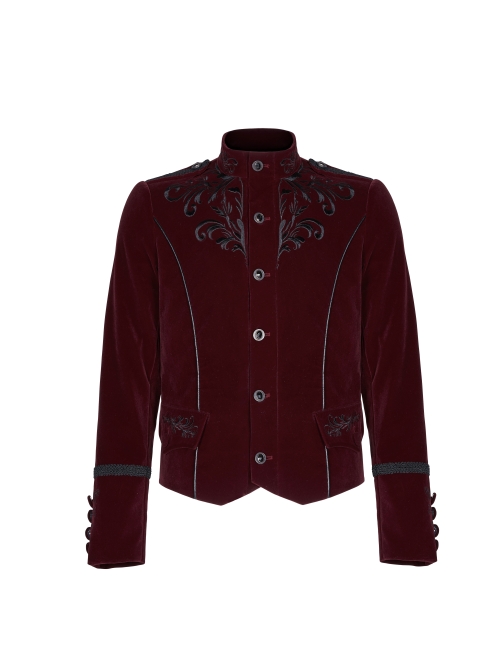 High Collar Front Chest Embroidery Metal Retro Button Long Sleeve Wine Red Gothic Velveteen Jacket