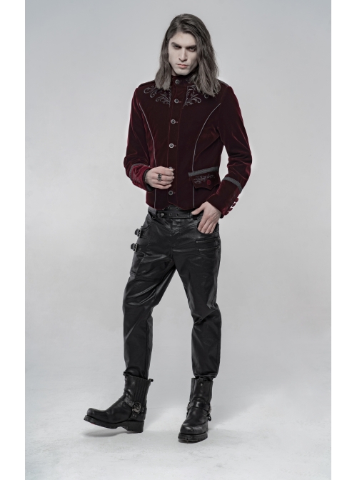 High Collar Front Chest Embroidery Metal Retro Button Long Sleeve Wine Red Gothic Velveteen Jacket
