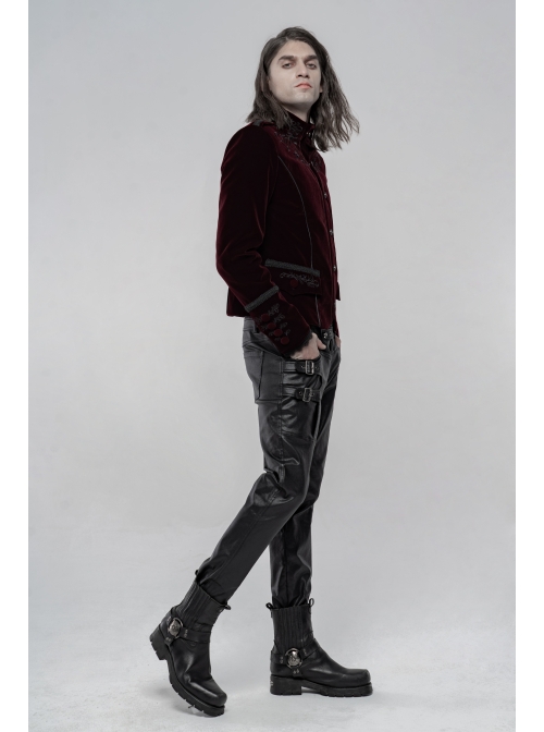 High Collar Front Chest Embroidery Metal Retro Button Long Sleeve Wine Red Gothic Velveteen Jacket