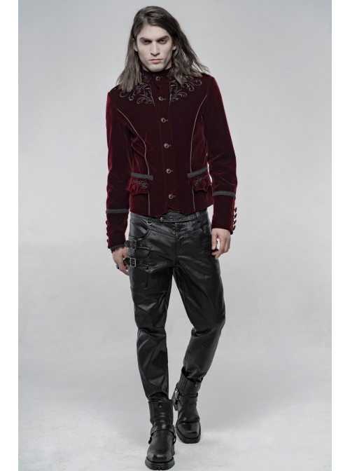 High Collar Front Chest Embroidery Metal Retro Button Long Sleeve Wine Red Gothic Velveteen Jacket