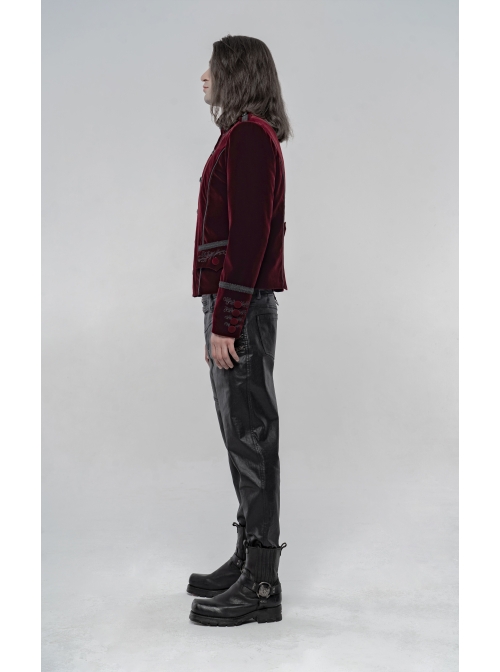 High Collar Front Chest Embroidery Metal Retro Button Long Sleeve Wine Red Gothic Velveteen Jacket
