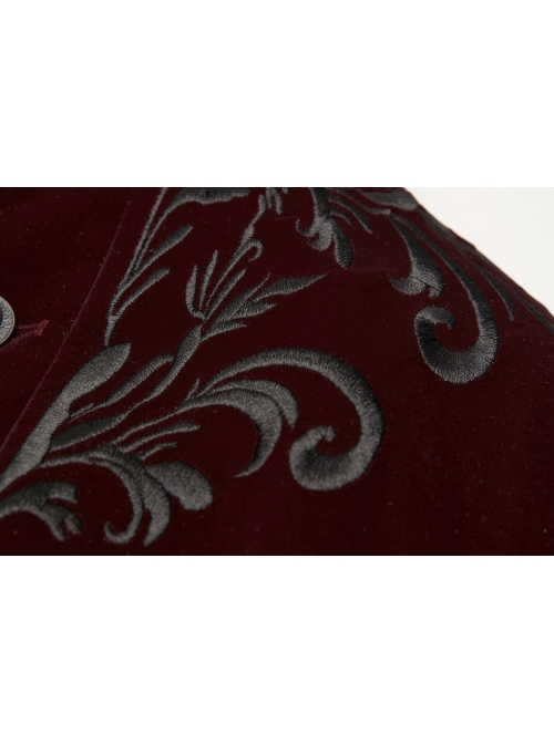 High Collar Front Chest Embroidery Metal Retro Button Long Sleeve Wine Red Gothic Velveteen Jacket