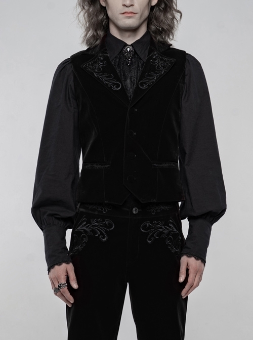 Embroidery Collar Front Button Back Waist Metal Hasp Black Gothic Velveteen Vest