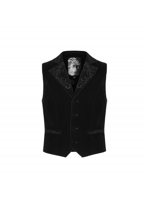 Embroidery Collar Front Button Back Waist Metal Hasp Black Gothic Velveteen Vest