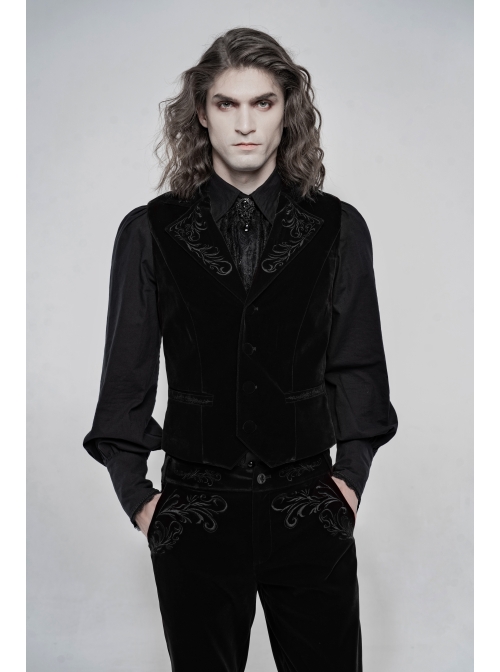 Embroidery Collar Front Button Back Waist Metal Hasp Black Gothic Velveteen Vest