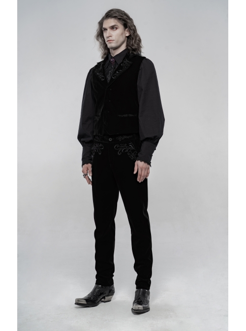 Embroidery Collar Front Button Back Waist Metal Hasp Black Gothic Velveteen Vest