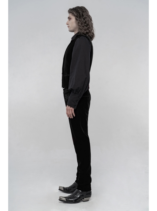 Embroidery Collar Front Button Back Waist Metal Hasp Black Gothic Velveteen Vest