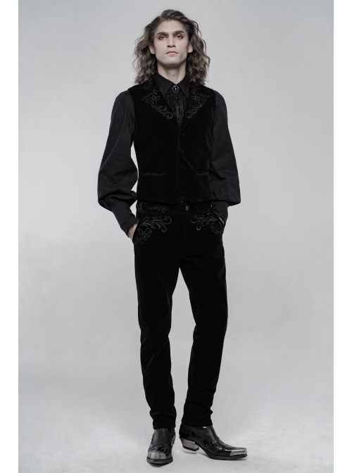 Embroidery Collar Front Button Back Waist Metal Hasp Black Gothic Velveteen Vest