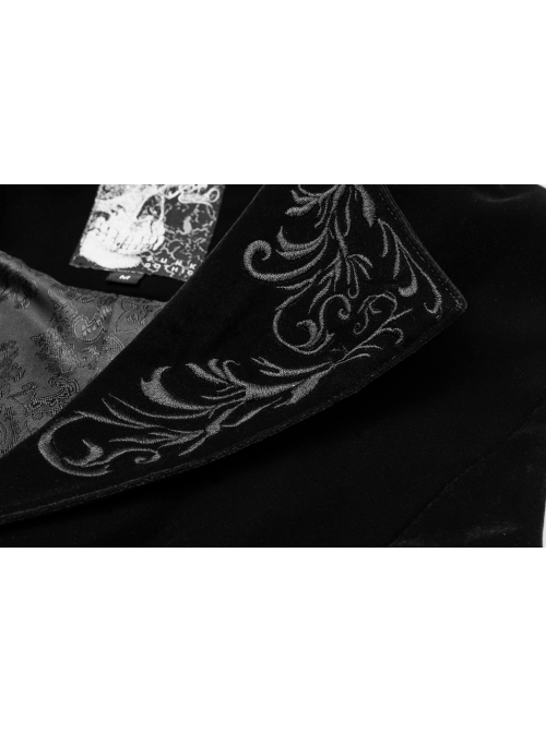 Embroidery Collar Front Button Back Waist Metal Hasp Black Gothic Velveteen Vest