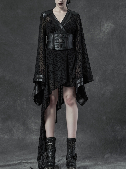 V-Neck Leather Belt Flare Sleeve Embroidery Cuff Asymmetrical Ham Black Gothic Flocking Net Dress