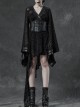 V-Neck Leather Belt Flare Sleeve Embroidery Cuff Asymmetrical Ham Black Gothic Flocking Net Dress