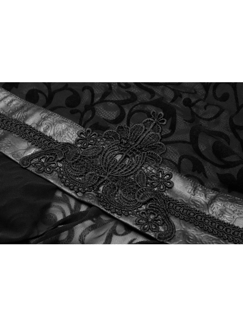 V-Neck Leather Belt Flare Sleeve Embroidery Cuff Asymmetrical Ham Black Gothic Flocking Net Dress