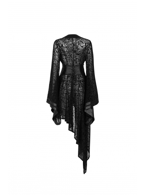 V-Neck Leather Belt Flare Sleeve Embroidery Cuff Asymmetrical Ham Black Gothic Flocking Net Dress
