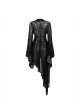 V-Neck Leather Belt Flare Sleeve Embroidery Cuff Asymmetrical Ham Black Gothic Flocking Net Dress