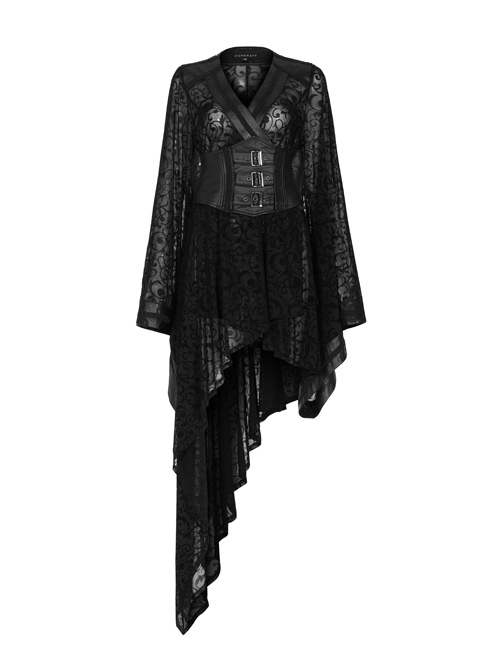 V-Neck Leather Belt Flare Sleeve Embroidery Cuff Asymmetrical Ham Black Gothic Flocking Net Dress