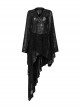 V-Neck Leather Belt Flare Sleeve Embroidery Cuff Asymmetrical Ham Black Gothic Flocking Net Dress
