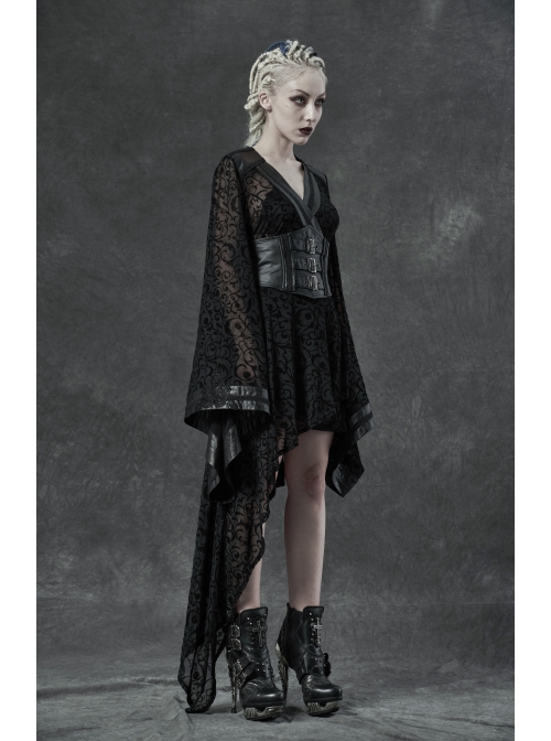 V-Neck Leather Belt Flare Sleeve Embroidery Cuff Asymmetrical Ham Black Gothic Flocking Net Dress