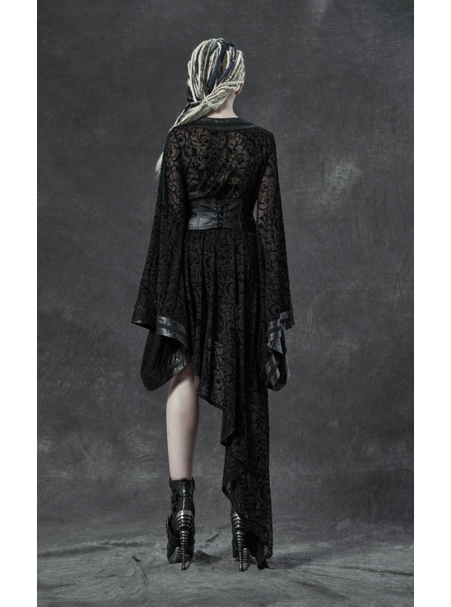 V-Neck Leather Belt Flare Sleeve Embroidery Cuff Asymmetrical Ham Black Gothic Flocking Net Dress