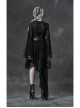 V-Neck Leather Belt Flare Sleeve Embroidery Cuff Asymmetrical Ham Black Gothic Flocking Net Dress
