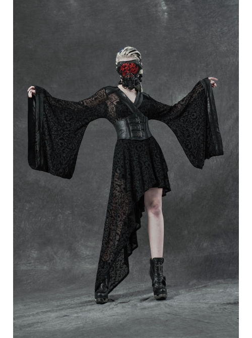 V-Neck Leather Belt Flare Sleeve Embroidery Cuff Asymmetrical Ham Black Gothic Flocking Net Dress