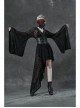 V-Neck Leather Belt Flare Sleeve Embroidery Cuff Asymmetrical Ham Black Gothic Flocking Net Dress